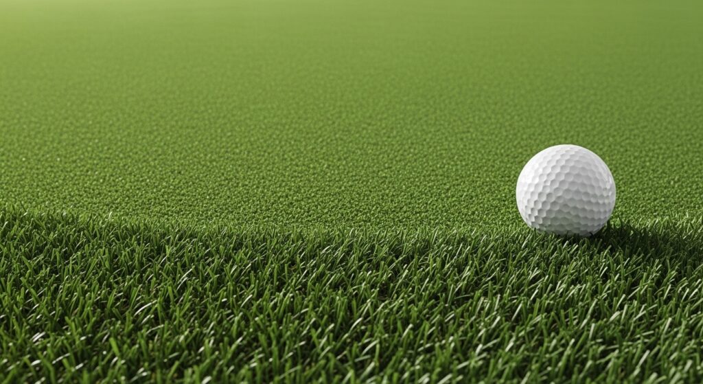 Close up showing the transition from putting green turf to thick artificial grass fringe